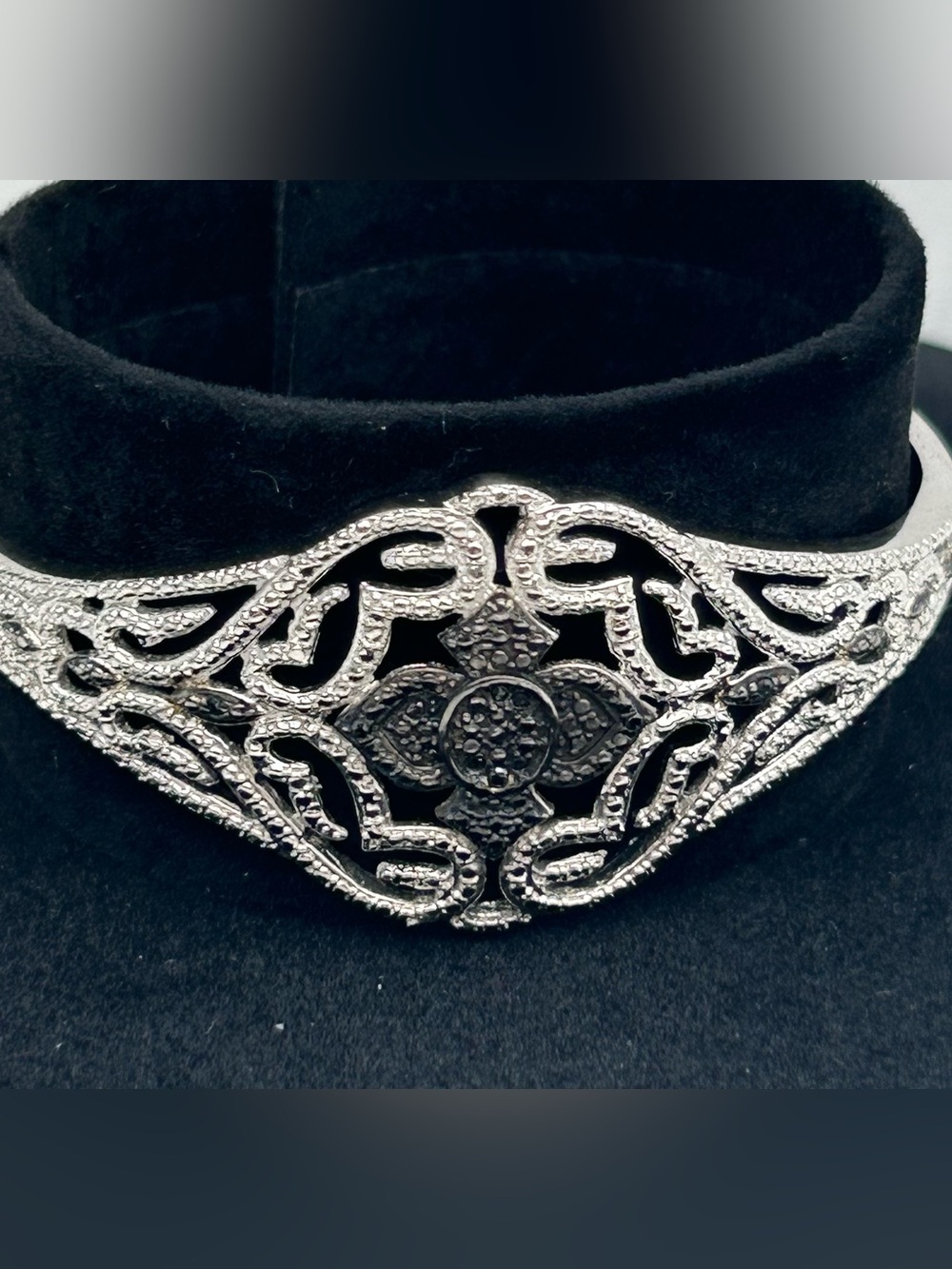 Vintage Karis STS Silver Faux Marcasite Filigree Cuff Bracelet